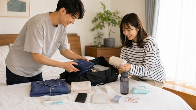 エアビー宿泊の持ち物を準備する大学生
