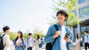 出会いを求める大学生がキャンパスで周囲の学生と交流のきっかけを探しているイメージ