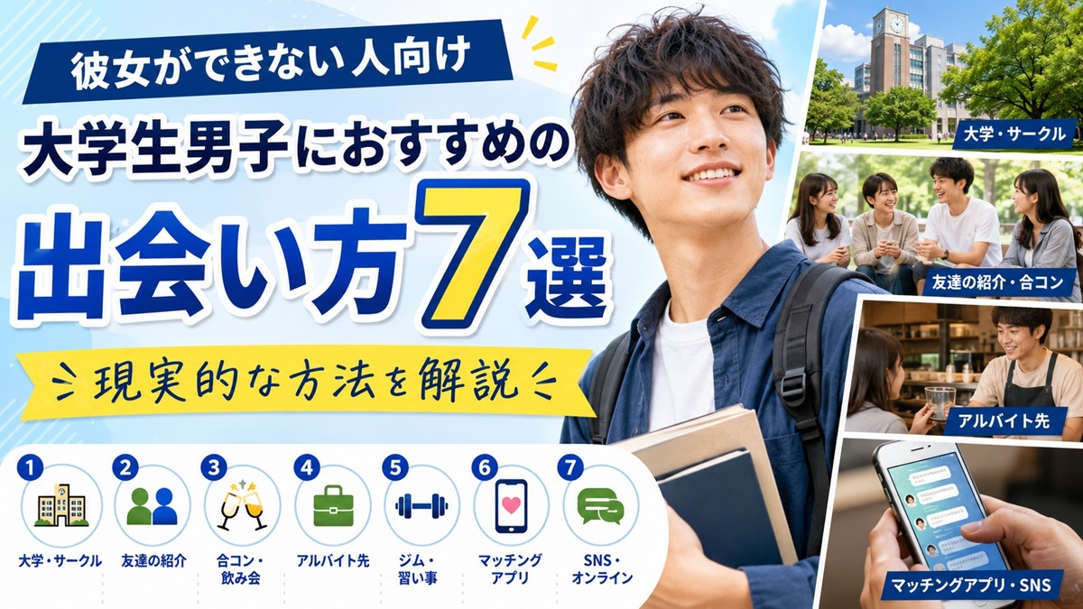 大学生男子におすすめの出会い方7選としてサークルや友達の紹介、バイト、SNS、マッチングアプリを紹介するサムネイル画像