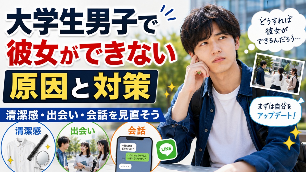 大学生男子で彼女ができない原因と対策として清潔感や出会い、会話を見直すサムネイル画像 簡潔な説明・キャプション 大学生男子で彼女ができない原因を整理し、清潔感・出会い・会話の改善ポイントを解説します。 SEO的には、ALTに 「大学生男子」「彼女ができない」「原因と対策」「清潔感」「出会い」「会話」 を自然に入れているので、記事タイトルとの関連性が高いです。