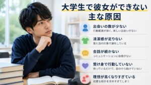 大学生で彼女ができない主な原因として出会い不足や清潔感、会話の悩みを考える男子大学生のイメージ