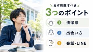 大学生で彼女ができない男子が清潔感や出会い方、会話の改善ポイントを見直すイメージ