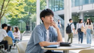 大学生に出会いがないことに悩む男子大学生がキャンパスで周囲の学生を見て考えているイメージ
