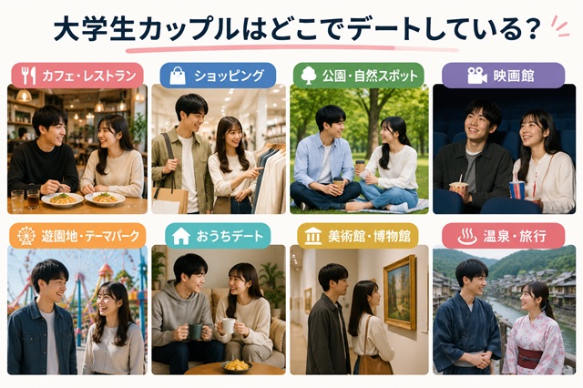 大学生カップルに人気のデート場所をまとめたイメージ